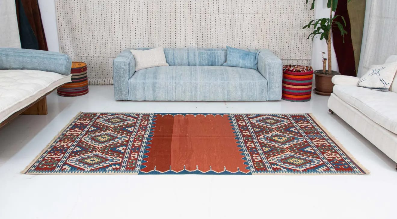 Kilim rug for living room with order recycled cotton threads. Hand finished fringes, 160x250 cm size. Anatolian decorations, gift for newlyweds.